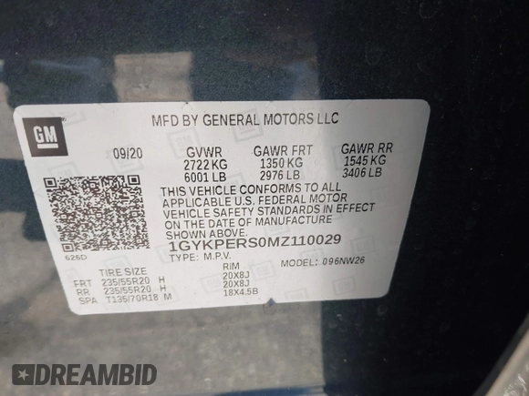 2021 Cadillac XT6 Premium Luxury with VIN 1GYKPERS0MZ110029, listed as a IAAI auction lot 41669104 with 58,890 mi miles and . Bid and sale history available at DreamBid. Image 9.