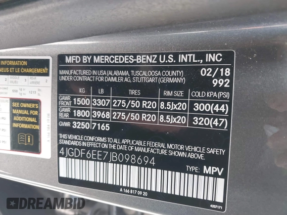 2018 Mercedes-Benz GLS with VIN 4JGDF6EE7JB098694, listed as a IAAI auction lot 41294697 with 104,807 mi miles. Bid and sale history available at carsss.com. Image 9.