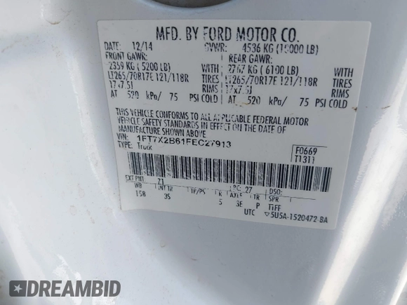 2015 Ford F-250 XLT with VIN 1FT7X2B61FEC27913, listed as a IAAI auction lot 42362011 with 125,784 mi miles and . Bid and sale history available at DreamBid. Image 9.