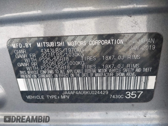2019 Mitsubishi Outlander Sport SE 2.0 with VIN JA4AP4AU6KU024429, listed as a IAAI auction lot 41665570 with 117,172 mi miles. Bid and sale history available at carsss.com. Image 9.
