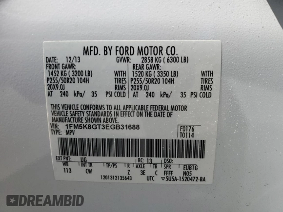 2014 Ford Explorer Sport with VIN 1FM5K8GT3EGB31688, listed as a Copart auction lot 61544605 with 71,061 mi miles and Salvage title. Bid and sale history available at DreamBid. Image 14.