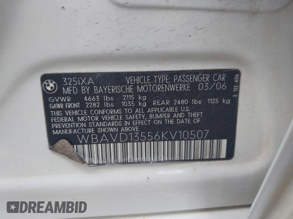 2006 BMW 3 Series 325xi with VIN WBAVD13556KV10507, listed as a IAAI auction lot 42515516 with 159,034 mi miles and . Bid and sale history available at DreamBid. Image 9.