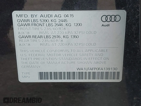 2015 Audi Q5 Premium Plus with VIN WA1LFAFP0FA139130, listed as a IAAI auction lot 42679825 with 76,853 mi miles and . Bid and sale history available at DreamBid. Image 9.