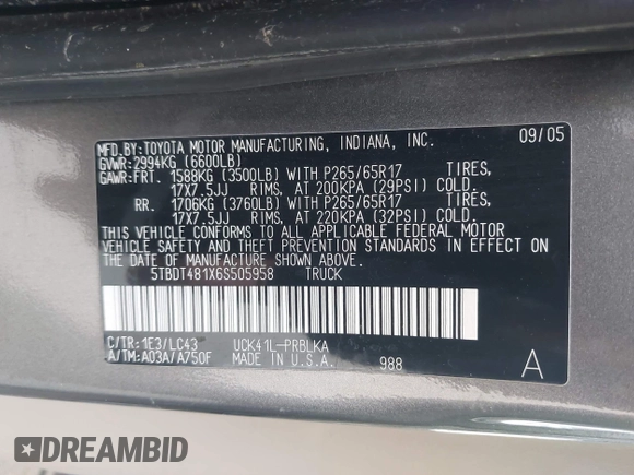 2006 Toyota Tundra Limited with VIN 5TBDT481X6S505958, listed as a IAAI auction lot 42189722 with 213,105 mi miles and . Bid and sale history available at DreamBid. Image 9.