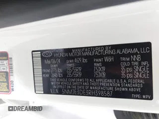 2024 Hyundai Tucson Limited z VIN 5NMJE3DE3RH398587, wystawiony jako IAAI lot #42132879 z przebiegiem 52 182 mil mil oraz . Historia ofert i sprzedaży dostępna na DreamBid. Obrazek 9.