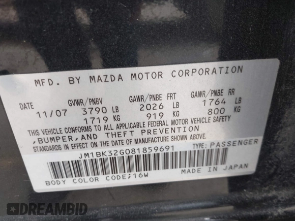 2008 Mazda Mazda3 i Touring Value with VIN JM1BK32G081859691, listed as a IAAI auction lot 41896986 with 277,281 mi miles. Bid and sale history available at carsss.com. Image 9.