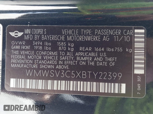 2011 MINI Hardtop S with VIN WMWSV3C5XBTY22399, listed as a IAAI auction lot 41868705 with 134,516 mi miles and . Bid and sale history available at DreamBid. Image 9.
