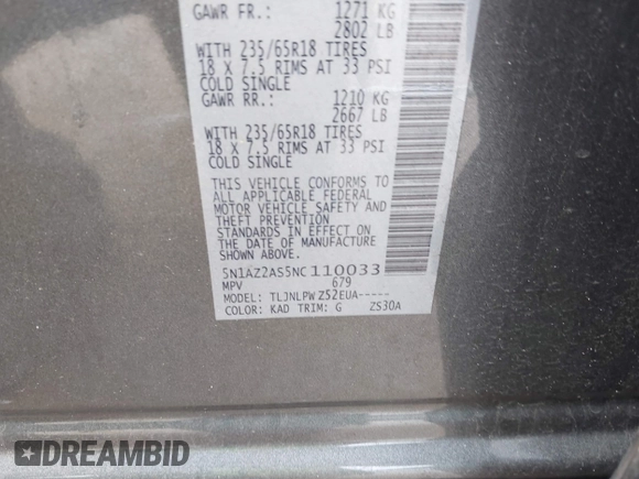 2022 Nissan Murano S z VIN 5N1AZ2AS5NC110033, wystawiony jako IAAI lot #41503318 z przebiegiem 55 733 mil mil oraz . Historia ofert i sprzedaży dostępna na DreamBid. Obrazek 9.