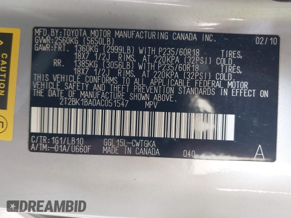 2010 Lexus RX 350 with VIN 2T2BK1BA0AC051547, listed as a IAAI auction lot 42570167 with Not provided miles and . Bid and sale history available at DreamBid. Image 9.