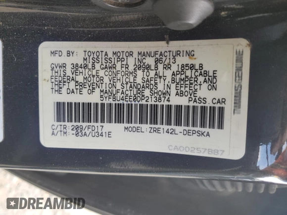2013 Toyota Corolla L with VIN 5YFBU4EE0DP213874, listed as a Copart auction lot 52297515 with 130,870 mi miles and Salvage Title. Bid and sale history available at carsss.com. Image 13.
