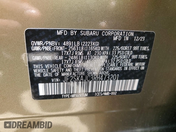2024 Subaru Forester Wilderness with VIN JF2SKAJC3RH473201, listed as a Copart auction lot 63569115 with 34,033 mi miles and Clean title. Bid and sale history available at DreamBid. Image 13.