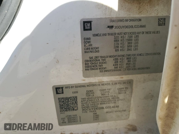 2020 Chevrolet Silverado 1500 LT with VIN 3GCUYDED9LG314646, listed as a Copart auction lot 48405025 with 108,215 mi miles and Salvage Title. Bid and sale history available at DreamBid. Image 14.