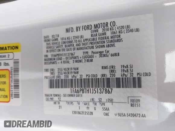 2018 Ford Mustang EcoBoost with VIN 1FA6P8TH1J5137867, listed as a IAAI auction lot 41958762 with 74,561 mi miles and . Bid and sale history available at DreamBid. Image 9.