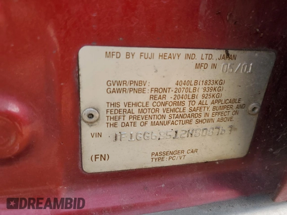 2002 Subaru Impreza Outback Special Sports with VIN JF1GG68512H808767, listed as a Copart auction lot 47186295 with 238,111 mi miles and Salvage title. Bid and sale history available at DreamBid. Image 12.
