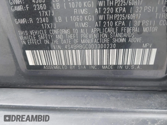 2013 Subaru Outback Premium with VIN 4S4BRBGC0D3300230, listed as a IAAI auction lot 41592407 with 185,823 mi miles and . Bid and sale history available at DreamBid. Image 9.