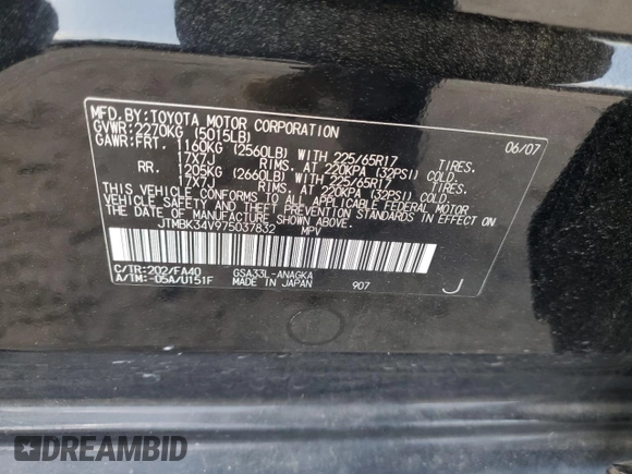 2007 Toyota RAV4 Ltd with VIN JTMBK34V975037832, listed as a Copart auction lot 51315795 with 160,218 mi miles and Salvage Title. Bid and sale history available at carsss.com. Image 13.