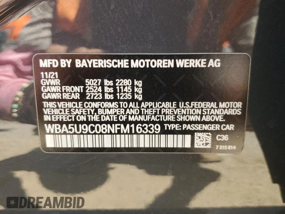 2022 BMW 3 Series M340i xDrive with VIN WBA5U9C08NFM16339, listed as a Copart auction lot 66093714 with 35,420 mi miles and Salvage Title. Bid and sale history available at DreamBid. Image 12.