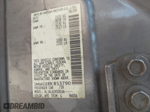 2009 Nissan Maxima S z VIN 1N4AA51E89C853790, wystawiony jako IAAI lot #42429971 z przebiegiem 240 525 mil mil oraz . Historia ofert i sprzedaży dostępna na DreamBid. Obrazek 9.