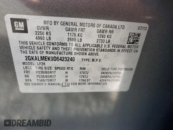 2013 GMC Terrain SLE with VIN 2GKALMEK9D6423240, listed as a Copart auction lot 72660774 with 149,275 mi miles and Salvage title. Bid and sale history available at DreamBid. Image 13.