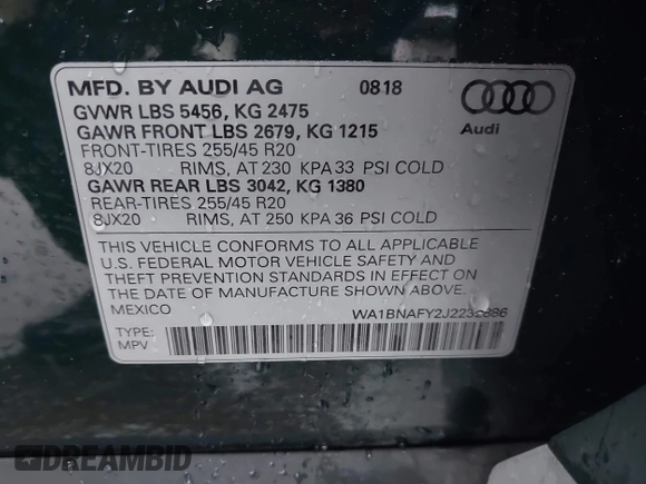 2018 Audi Q5 Premium Plus with VIN WA1BNAFY2J2232886, listed as a IAAI auction lot 41953018 with 30,096 mi miles. Bid and sale history available at carsss.com. Image 9.