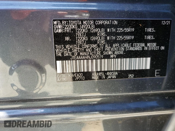2022 Toyota Venza LE z VIN JTEAAAAH4NJ090519, wystawiony jako Copart lot #58084385 z przebiegiem 4 448 mil mil oraz Szkoda całkowita • Salvage title. Historia ofert i sprzedaży dostępna na DreamBid. Obrazek 14.
