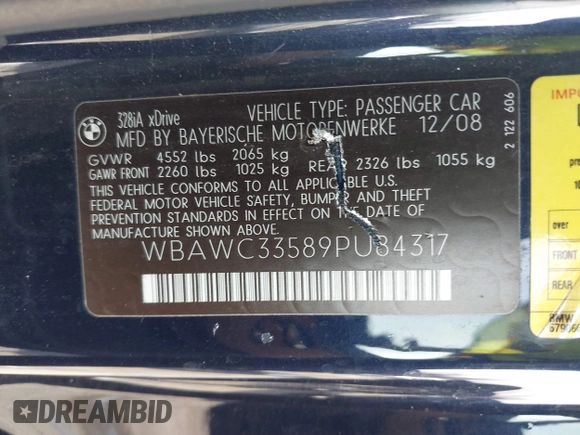 2009 BMW 3 Series 328i xDrive z VIN WBAWC33589PU84317, wystawiony jako IAAI lot #41817634 z przebiegiem 166 052 mil mil oraz . Historia ofert i sprzedaży dostępna na DreamBid. Obrazek 9.