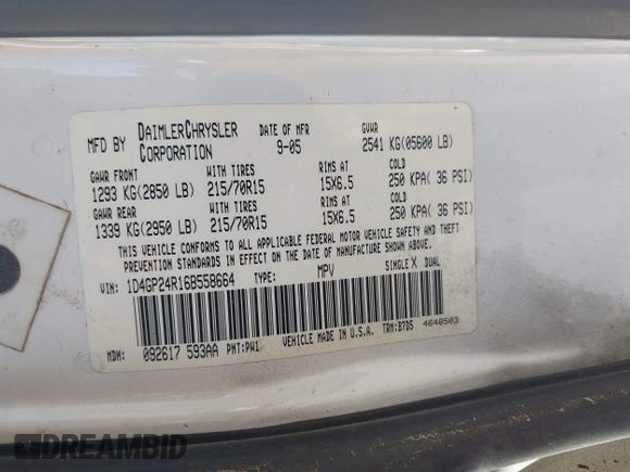 2006 Dodge Grand Caravan SE with VIN 1D4GP24R16B558664, listed as a IAAI auction lot 42025852 with 313,974 mi miles and . Bid and sale history available at DreamBid. Image 9.