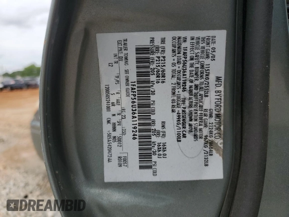 2006 Ford Taurus SEL с VIN 1FAFP56U36A119246, выставлен на аукционе Copart как лот 61771485 с пробегом 263 283 миль миль и Списание • Salvage title. История ставок и продаж доступна на DreamBid. Изображение 12.