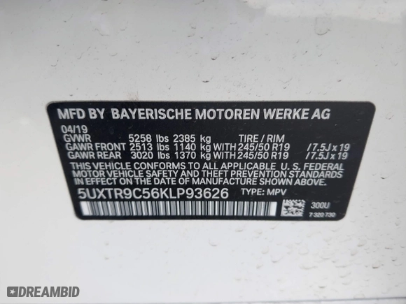 2019 BMW X3 xDrive30i with VIN 5UXTR9C56KLP93626, listed as a IAAI auction lot 41709343 with 60,506 mi miles. Bid and sale history available at carsss.com. Image 9.