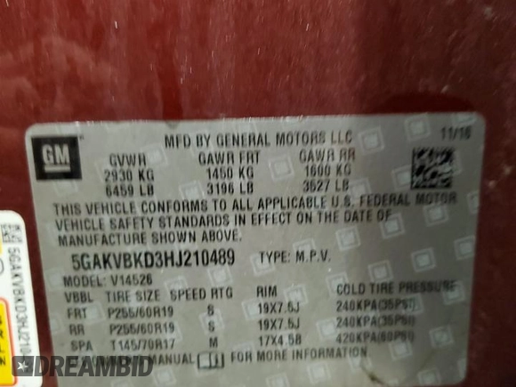 2017 Buick Enclave Leather with VIN 5GAKVBKD3HJ210489, listed as a Copart auction lot 42031285 with 91,154 mi miles and Salvage Title. Bid and sale history available at DreamBid. Image 13.