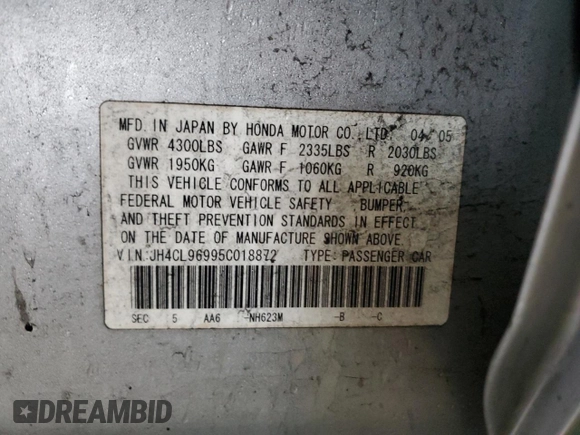 2005 Acura TSX with VIN JH4CL96995C018872, listed as a Copart auction lot 45116065 with 168,143 mi miles and Salvage Title. Bid and sale history available at carsss.com. Image 12.