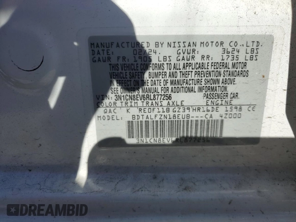 2024 Nissan Versa SV z VIN 3N1CN8EV6RL877256, wystawiony jako Copart lot #55314635 z przebiegiem 4 750 mil mil oraz Szkoda całkowita • Salvage title. Historia ofert i sprzedaży dostępna na DreamBid. Obrazek 13.