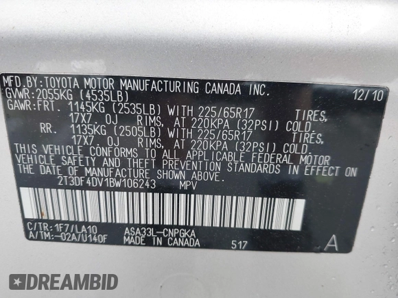 2011 Toyota RAV4 Limited with VIN 2T3DF4DV1BW106243, listed as a IAAI auction lot 42700627 with 147,289 mi miles and . Bid and sale history available at DreamBid. Image 9.