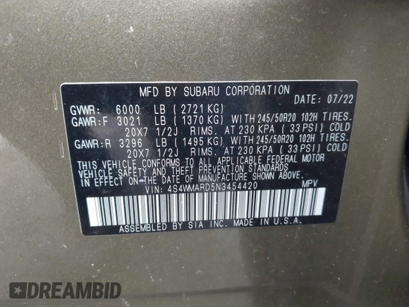 2022 Subaru Ascent Touring z VIN 4S4WMARD5N3454420, wystawiony jako IAAI lot #42332953 z przebiegiem 48 164 mil mil oraz . Historia ofert i sprzedaży dostępna na DreamBid. Obrazek 9.