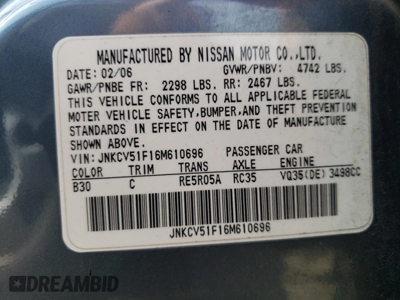 2006 Infiniti G35 with VIN JNKCV51F16M610696, listed as a Copart auction lot 68944054 with 146,482 mi miles and Salvage Title. Bid and sale history available at DreamBid. Image 12.
