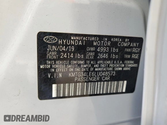 2020 Genesis G70 3.3T with VIN KMTG34LE6LU048573, listed as a Copart auction lot 67907884 with 63,531 mi miles and Salvage Title. Bid and sale history available at carsss.com. Image 12.