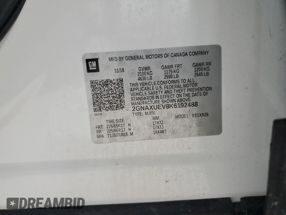 2019 Chevrolet Equinox LT z VIN 2GNAXUEV8K6192488, wystawiony jako Copart lot #54525865 z przebiegiem 80 588 mil mil oraz Szkoda całkowita • Salvage title. Historia ofert i sprzedaży dostępna na DreamBid. Obrazek 13.