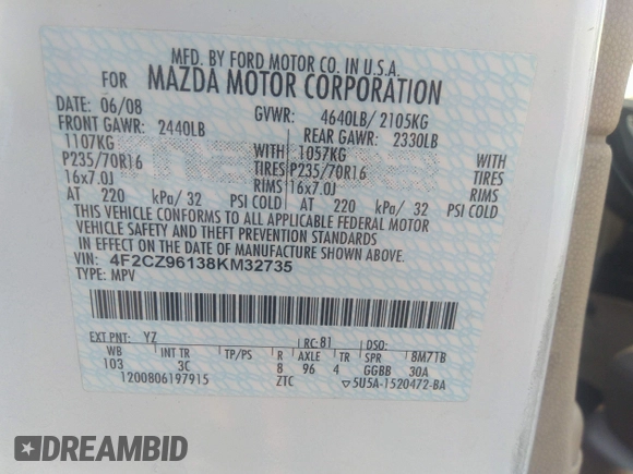 2008 Mazda Tribute Touring with VIN 4F2CZ96138KM32735, listed as a IAAI auction lot 31145122 with 206,608 mi miles and . Bid and sale history available at DreamBid. Image 9.