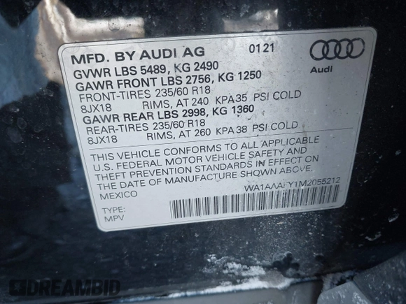2021 Audi Q5 Premium with VIN WA1AAAFY1M2055212, listed as a IAAI auction lot 41347267 with 51,127 mi miles. Bid and sale history available at carsss.com. Image 9.