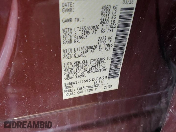 2016 Nissan Titan Platinum Reserve with VIN 1N6BA1F45GN507363, listed as a Copart auction lot 53625635 with 95,450 mi miles and Salvage title. Bid and sale history available at DreamBid. Image 12.
