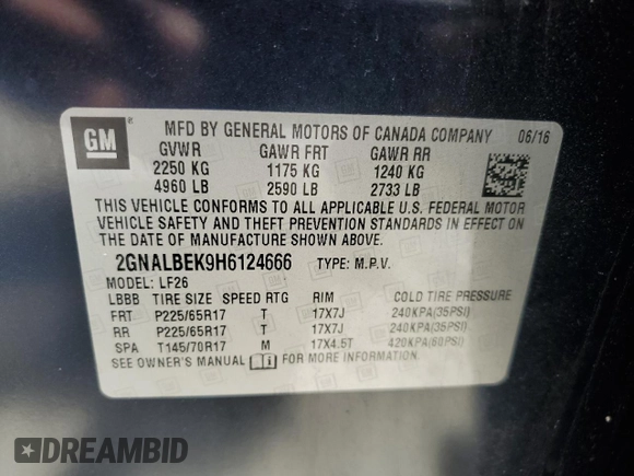 2017 Chevrolet Equinox LS with VIN 2GNALBEK9H6124666, listed as a Copart auction lot 54269075 with 126,467 mi miles and Salvage Title. Bid and sale history available at carsss.com. Image 14.