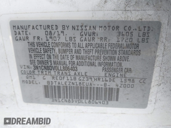 2020 Nissan Versa S with VIN 3N1CN8DV0LL806403, listed as a IAAI auction lot 41678907 with 73,427 mi miles. Bid and sale history available at carsss.com. Image 9.