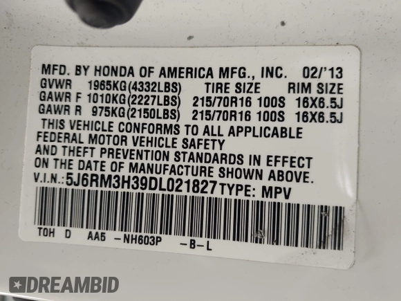 2013 Honda CR-V LX with VIN 5J6RM3H39DL021827, listed as a IAAI auction lot 42030806 with 183,465 mi miles and . Bid and sale history available at DreamBid. Image 9.