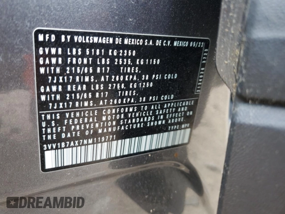 2022 Volkswagen Tiguan S z VIN 3VV1B7AX7NM119771, wystawiony jako Copart lot #53388255 z przebiegiem 50 757 mil mil oraz Szkoda całkowita • Salvage title. Historia ofert i sprzedaży dostępna na DreamBid. Obrazek 15.