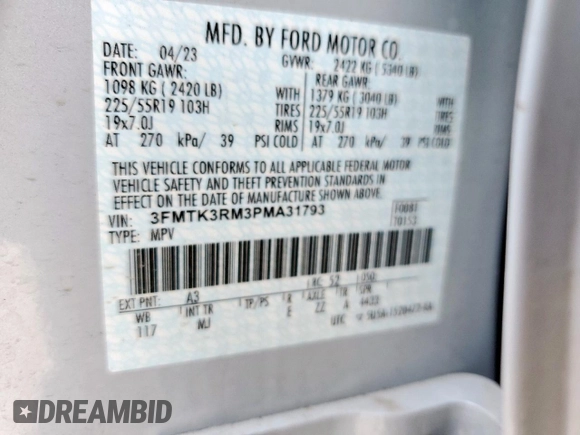 2023 Ford Mustang Mach-E Premium z VIN 3FMTK3RM3PMA31793, wystawiony jako Copart lot #57344535 z przebiegiem 39 342 mil mil oraz Szkoda całkowita • Salvage title. Historia ofert i sprzedaży dostępna na DreamBid. Obrazek 13.