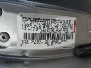 2000 Toyota Camry LE z VIN JT2BF28K0Y0261092, wystawiony jako Copart lot #58008665 z przebiegiem Nie podano mil oraz Szkoda całkowita • Salvage title. Historia ofert i sprzedaży dostępna na DreamBid. Obrazek 12.