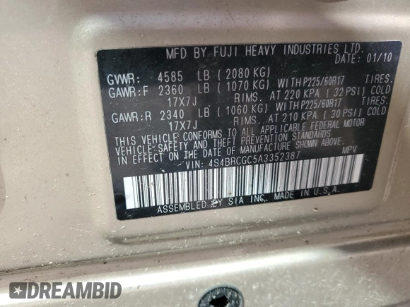 2010 Subaru Outback Premium All-Weather Anniversary with VIN 4S4BRCGC5A3352387, listed as a Copart auction lot 52143155 with 152,097 mi miles and Salvage title. Bid and sale history available at DreamBid. Image 16.