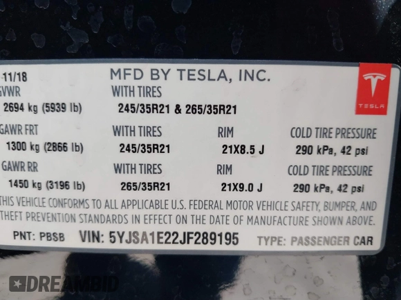 2018 Tesla Model S 75D with VIN 5YJSA1E22JF289195, listed as a IAAI auction lot 41825949 with 49,217 mi miles and . Bid and sale history available at DreamBid. Image 9.