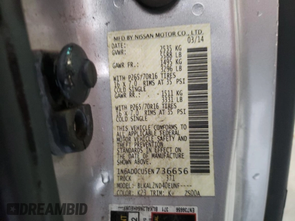 2014 Nissan Frontier SV with VIN 1N6AD0CU5EN736656, listed as a Copart auction lot 58473755 with Not provided miles and Salvage title. Bid and sale history available at DreamBid. Image 12.