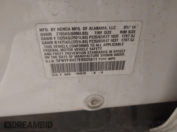 2014 Honda Pilot LX with VIN 5FNYF4H27EB025811, listed as a IAAI auction lot 41501702 with 144,909 mi miles and . Bid and sale history available at DreamBid. Image 9.